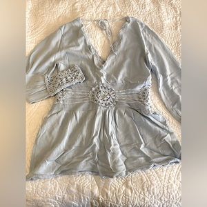 Dolce Cabo Blue Knit Blouse With Crochet Accents